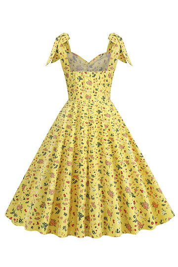 Amarelo estampado sem mangas correias vestido vintage